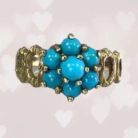 1970s Turquoise Flower Ring in Yellow Gold. Boho Chic Cluster Floral Setting. December Birthstone.