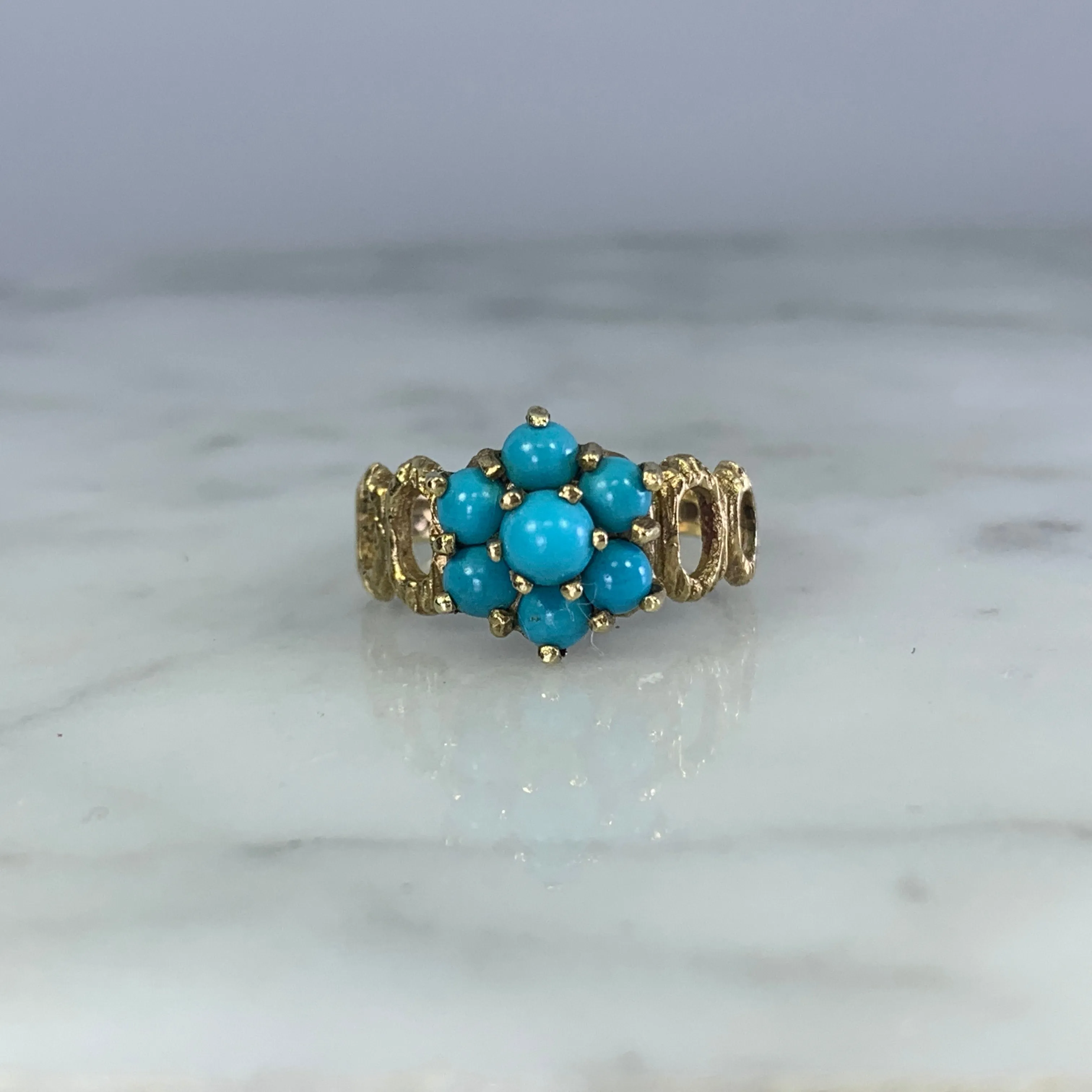 1970s Turquoise Flower Ring in Yellow Gold. Boho Chic Cluster Floral Setting. December Birthstone.