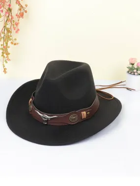 1pc Unisex Bull Head & Belt Decor Cowboy Fedora Hat For Autumn And Winter