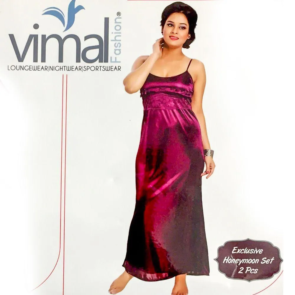 2 Pcs Purple Nighty Set with Gown - V8069 - Satin Silk Nighty by Vimal Fashion