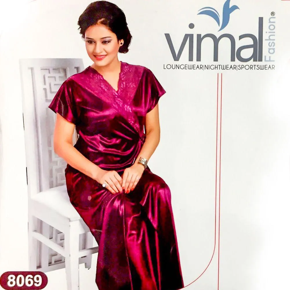 2 Pcs Purple Nighty Set with Gown - V8069 - Satin Silk Nighty by Vimal Fashion