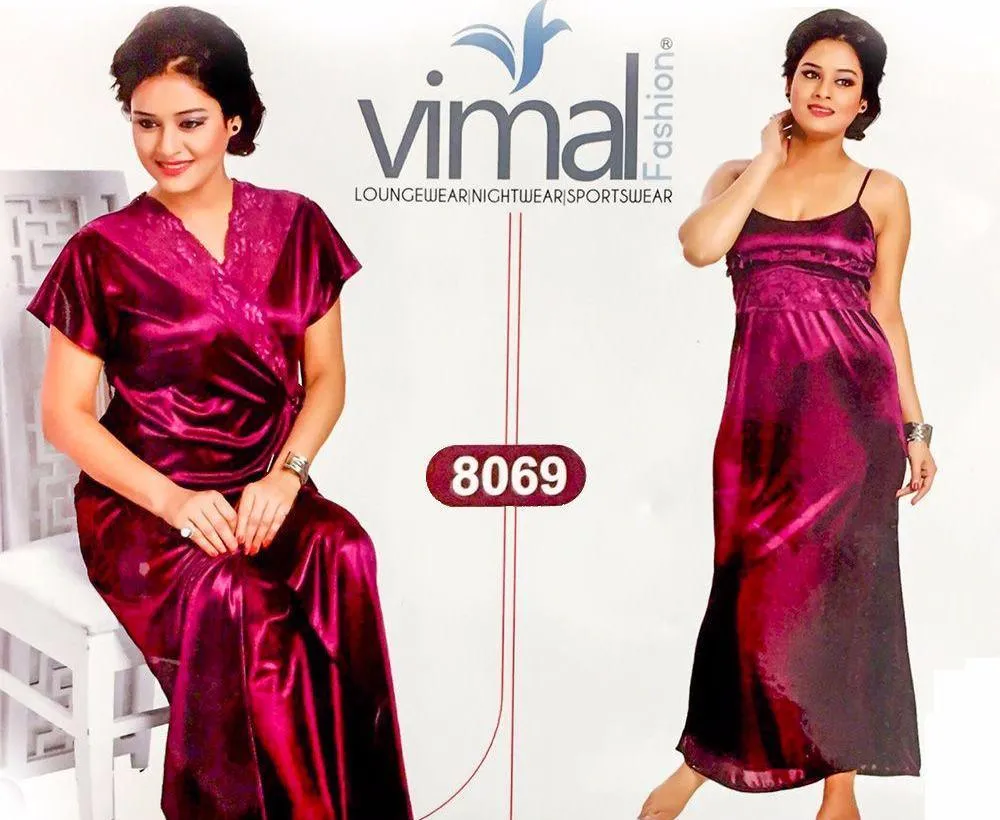 2 Pcs Purple Nighty Set with Gown - V8069 - Satin Silk Nighty by Vimal Fashion