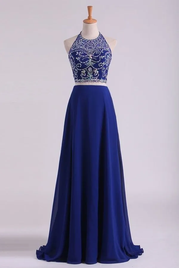 2024 Bateau Two Pieces Prom Dresses Dark Royal Blue A Line Beaded Bodice Open Back Floor Length Chiffon & PPHHRQYD