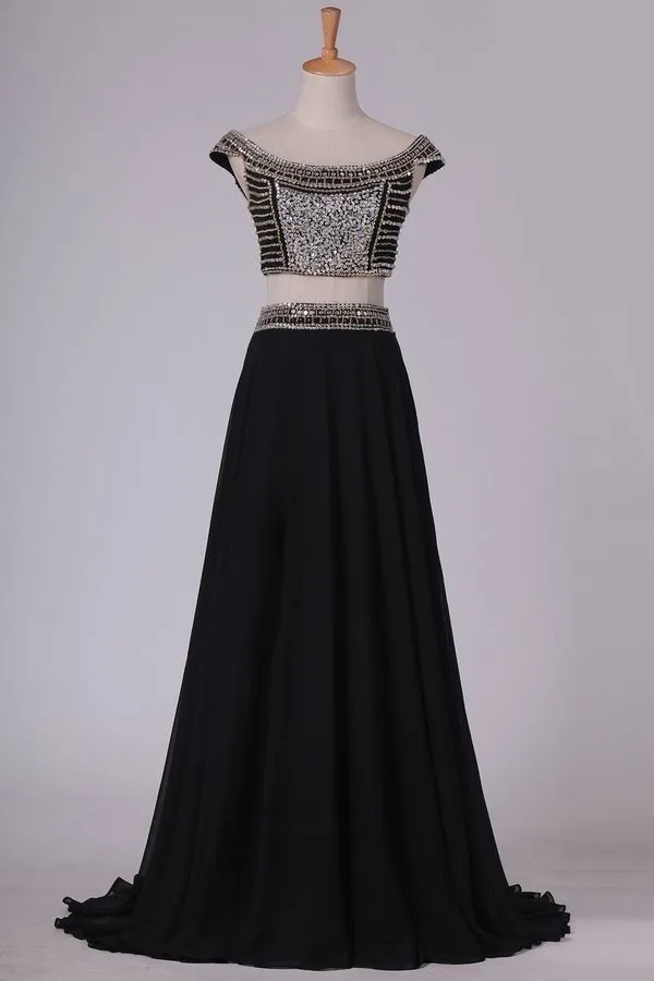 2024 Off The Shoulder Two-Piece A Line Prom Dresses Chiffon With Beading Floor P1QTBTJF