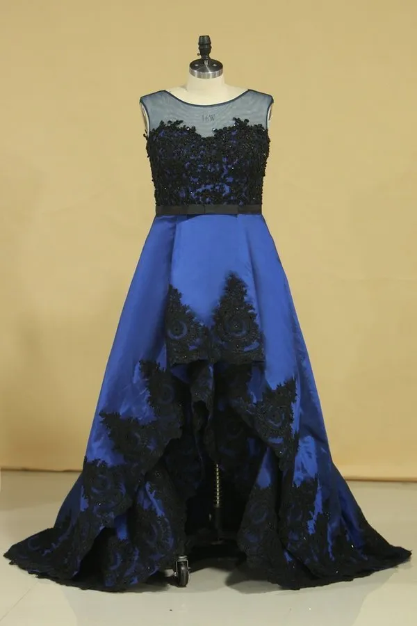 2024 Plus Size Asymmetrical Bateau Prom Dresses Taffeta With Applique And Sash Sweep Train Dark Royal P7LDTA3P