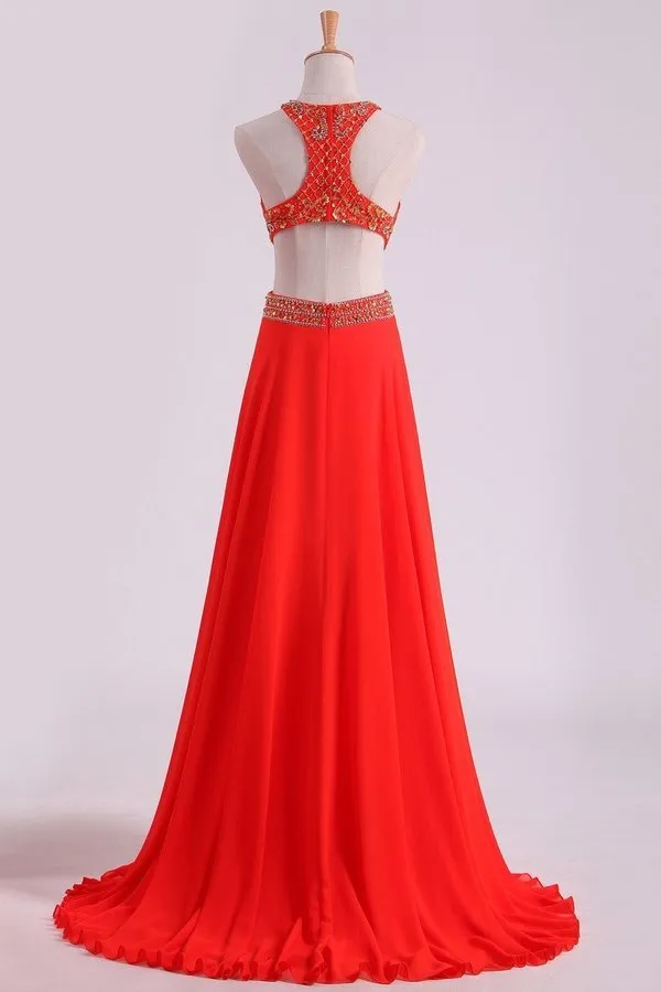 2024 Prom Dresses Scoop A Line Orange Red Chiffon With Beading Sweep PQR7AERZ