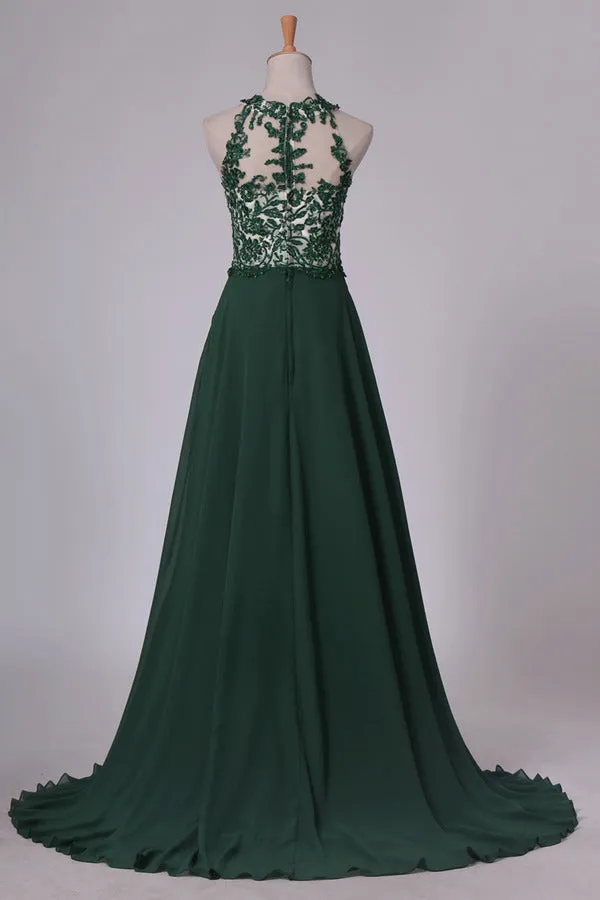 2024 Scoop Chiffon With Applique And Beads Prom Dresses A Line PLHG67FZ