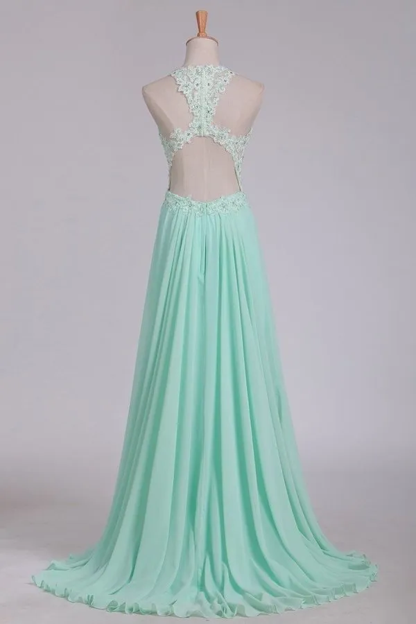 2024 See-Through Scoop A Line Chiffon Prom Dresses With Applique PC3X4HSN