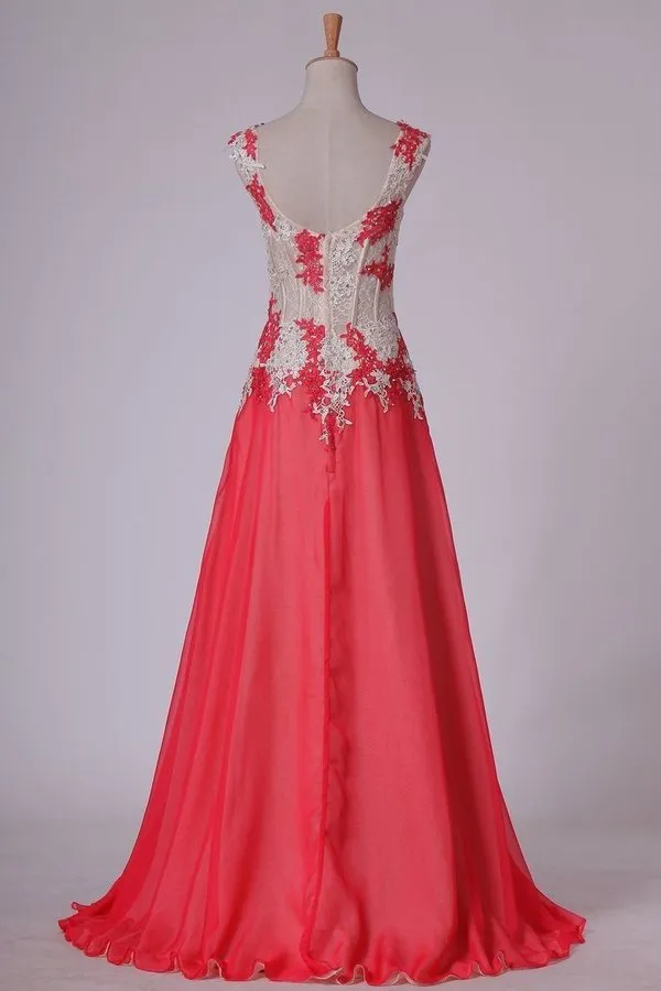 2024 Straps Prom Dresses A Line Chiffon With Applique And Beads P1R8K3AC