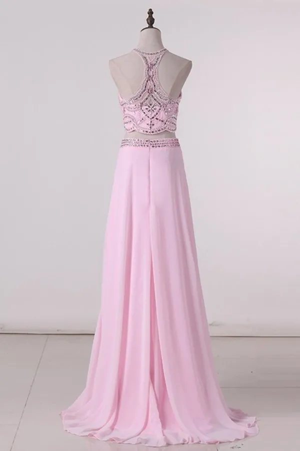 2024 Two-Piece Scoop Prom Dresses Beaded Bodice Chiffon P2LPAFF1