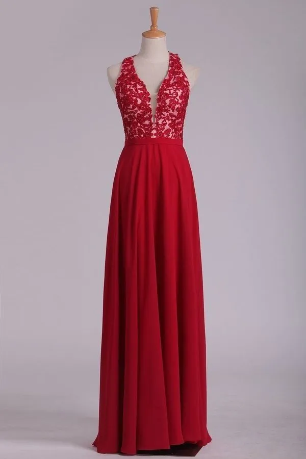 2024 V Neck Prom Dresses A Line Chiffon With Applique And Beads Open Back PGMYP5TH