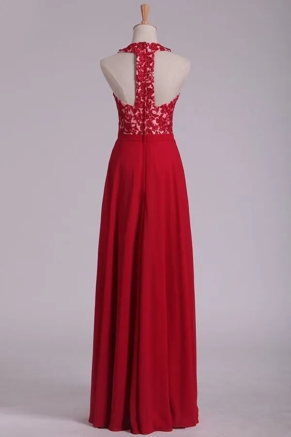 2024 V Neck Prom Dresses A Line Chiffon With Applique And Beads Open Back PGMYP5TH