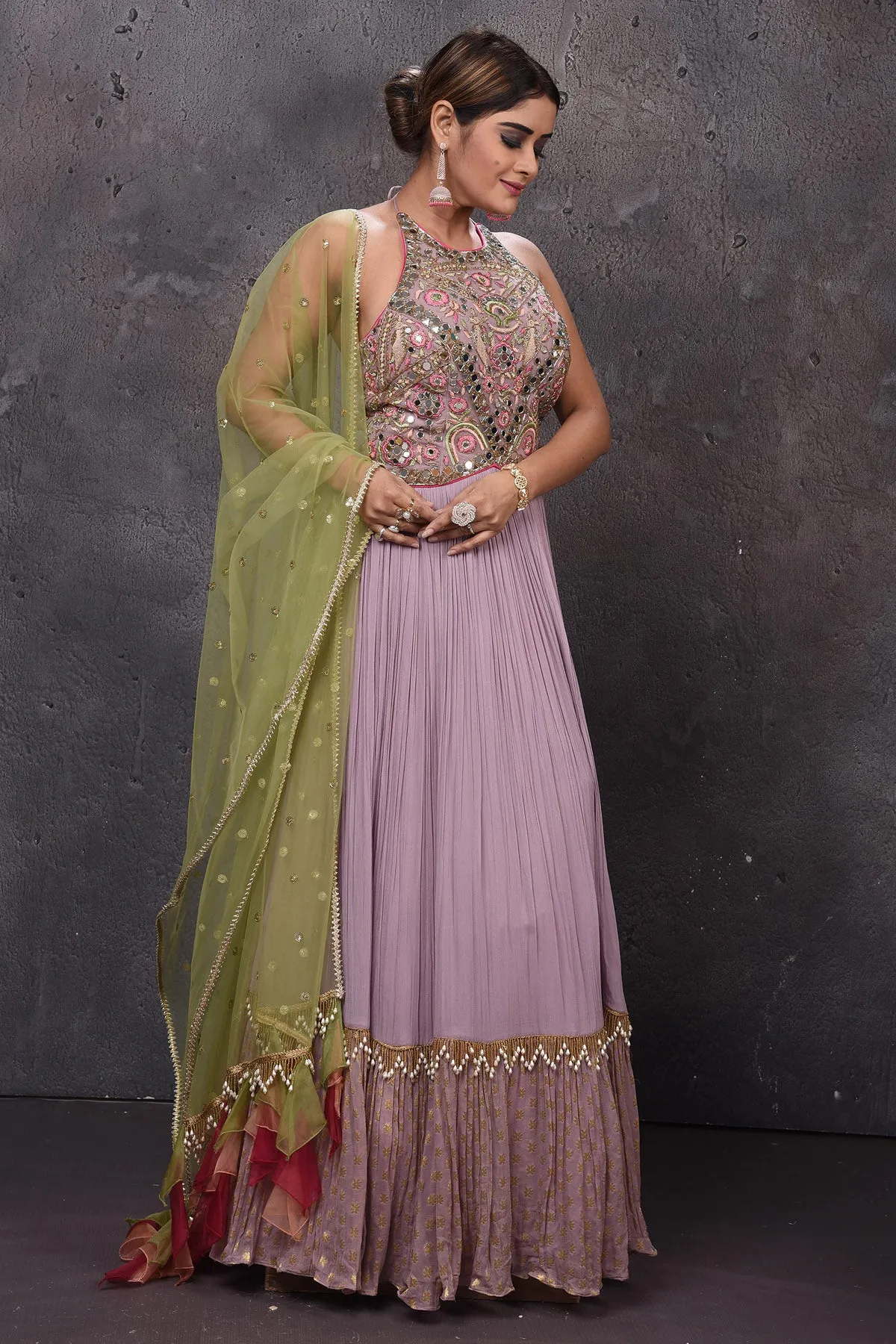 502833 Mauve Designer Lehenga with Green Dupatta