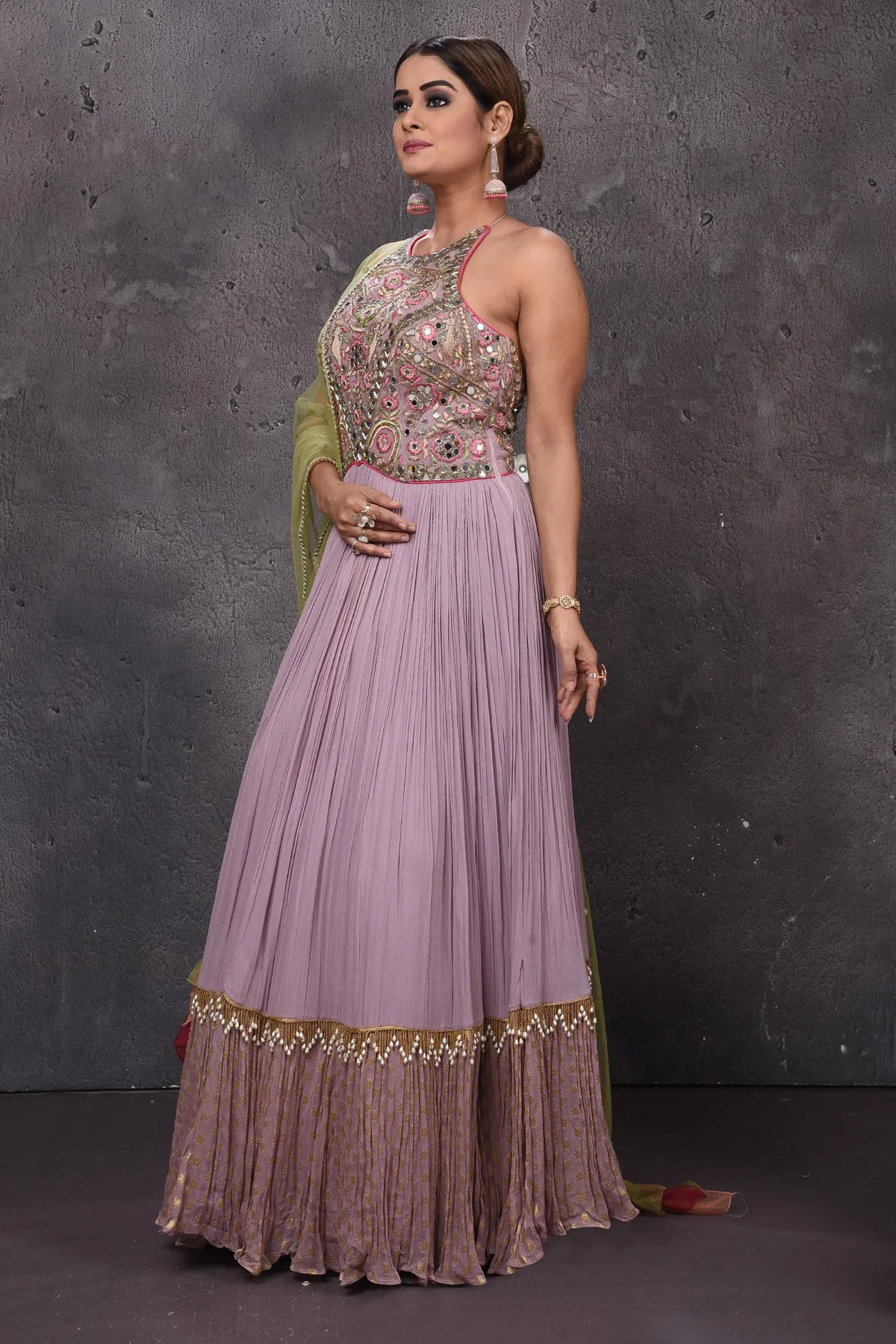 502833 Mauve Designer Lehenga with Green Dupatta