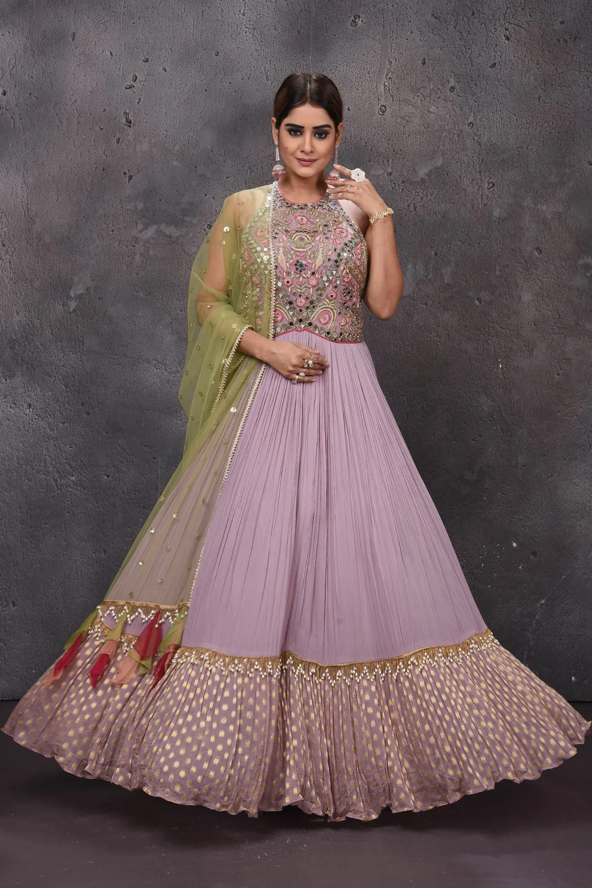 502833 Mauve Designer Lehenga with Green Dupatta