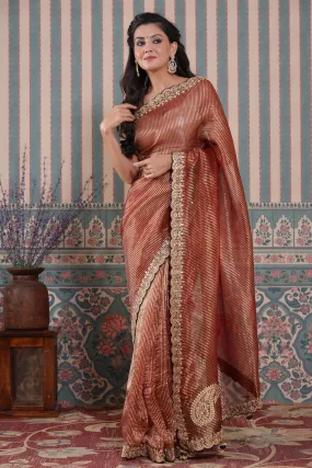 90Z579-NRO Maroon Embroidered Tissue Silk Banarasi Saree