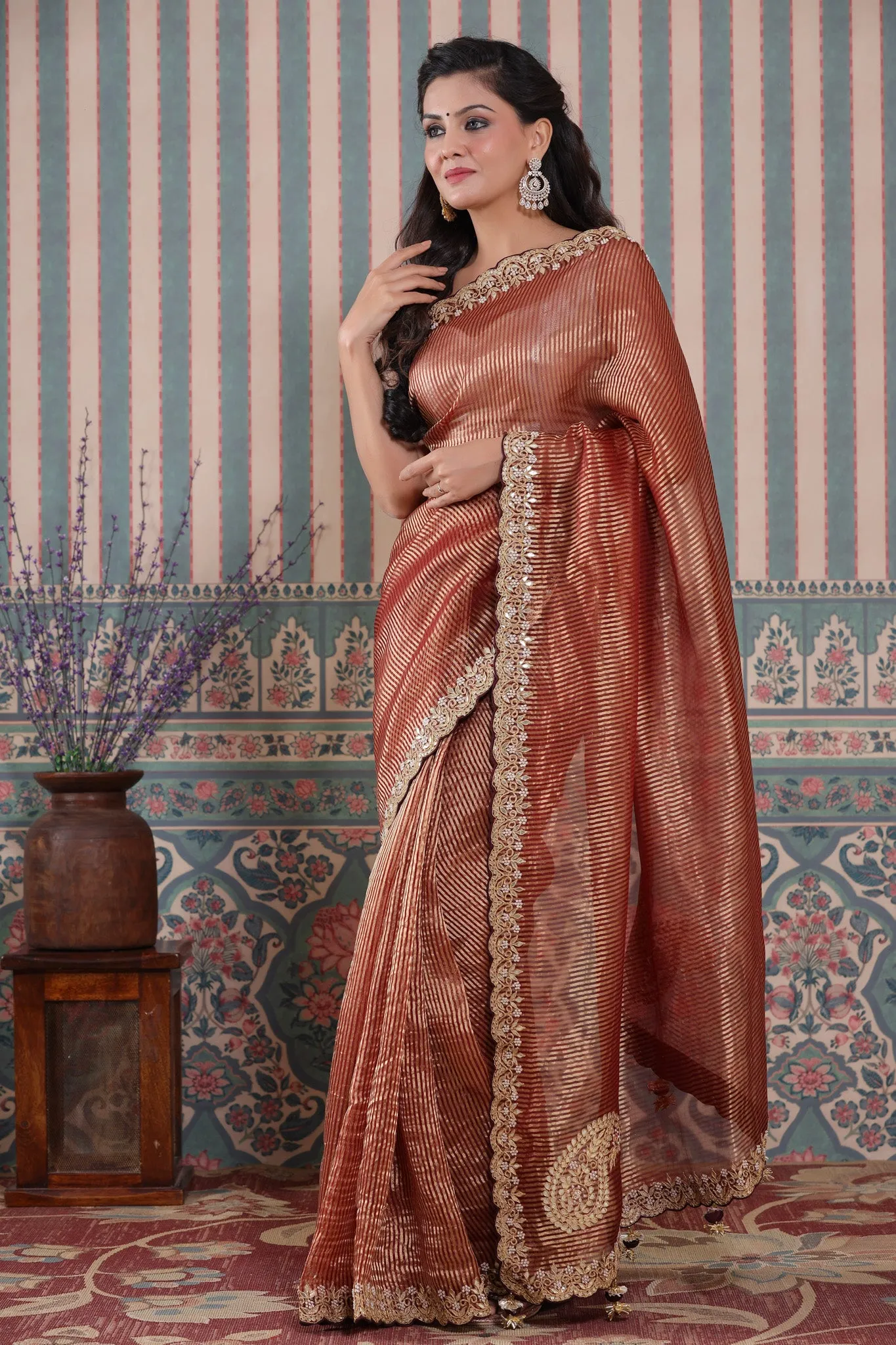 90Z579-NRO Maroon Embroidered Tissue Silk Banarasi Saree