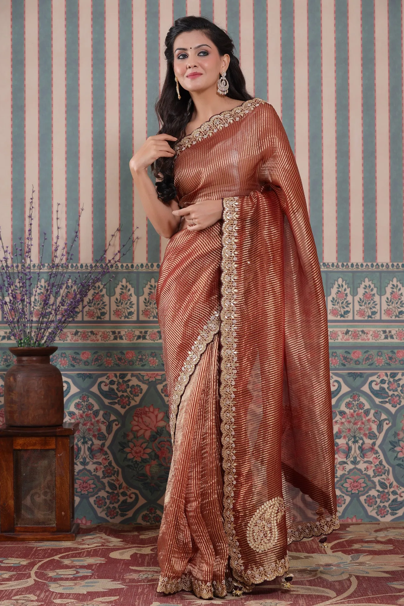 90Z579-NRO Maroon Embroidered Tissue Silk Banarasi Saree