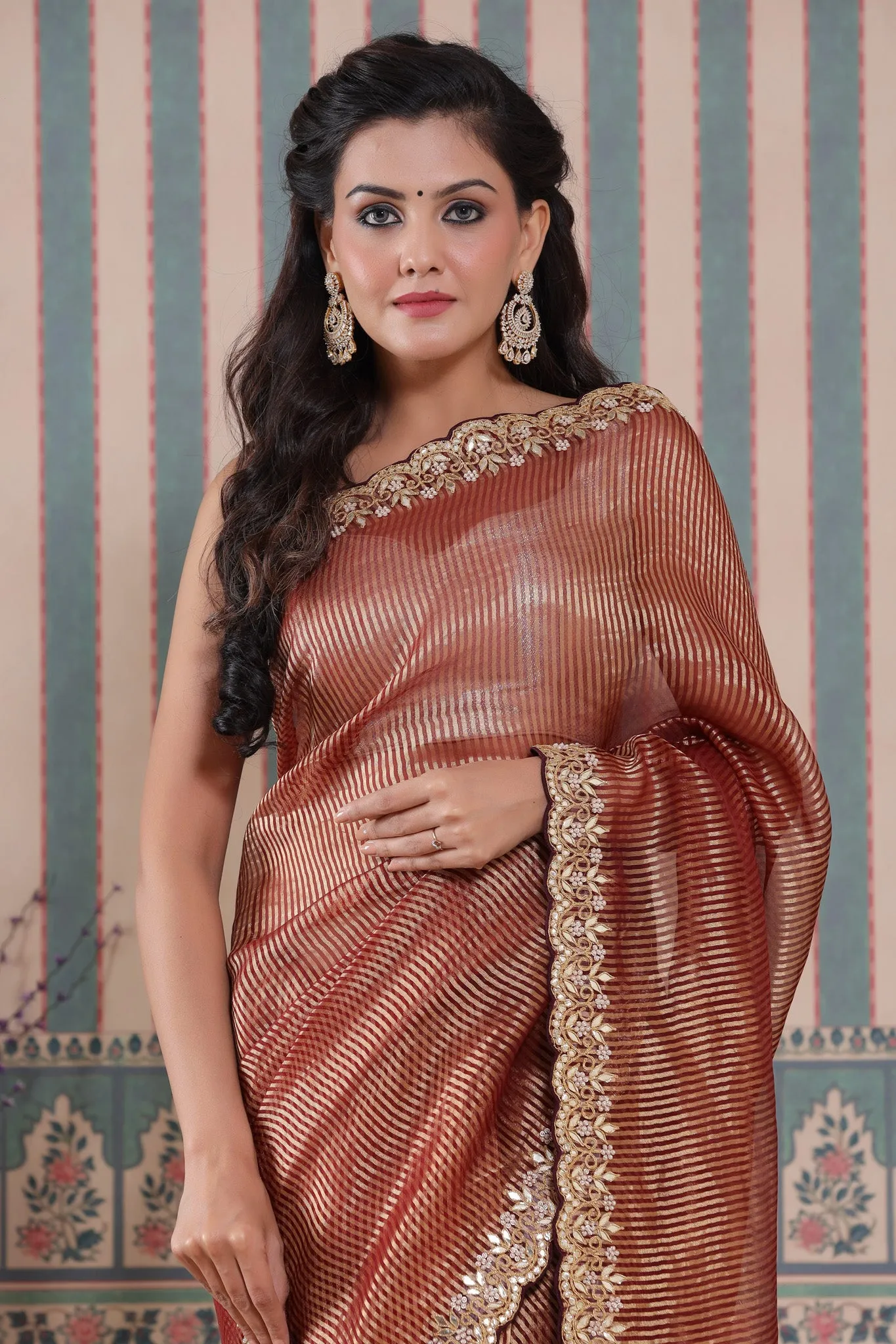 90Z579-NRO Maroon Embroidered Tissue Silk Banarasi Saree