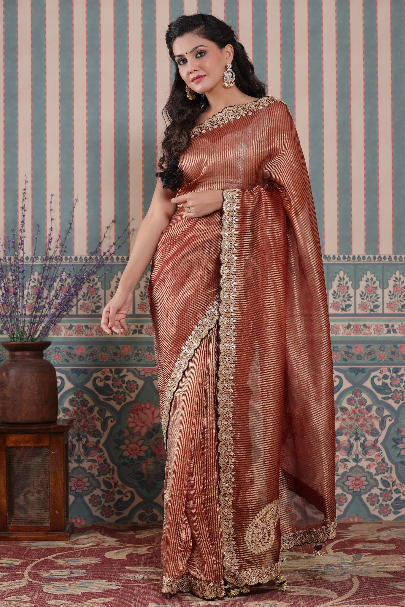 90Z579-NRO Maroon Embroidered Tissue Silk Banarasi Saree