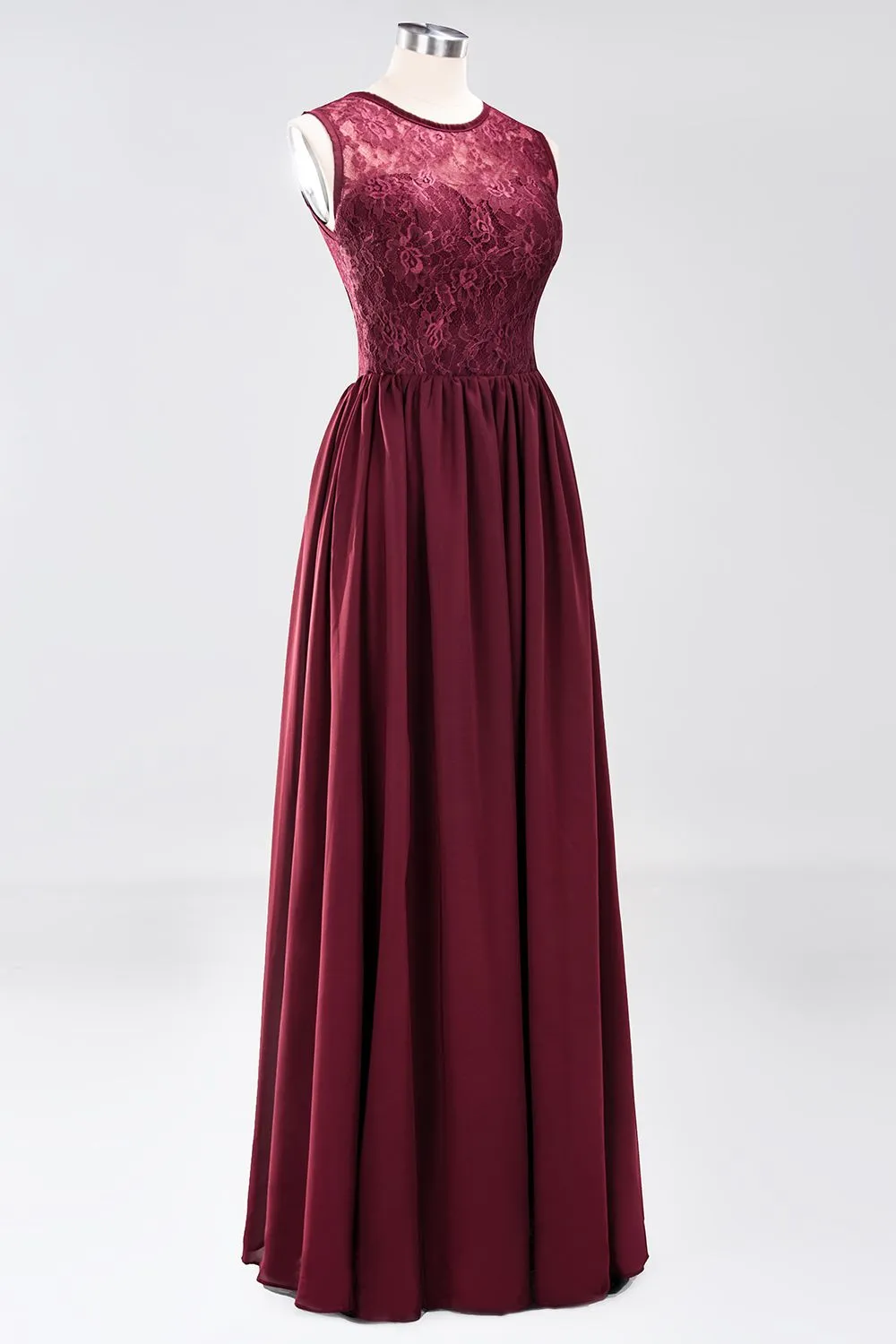 A-line Chiffon Lace Jewel Sleeveless Ruffles Long Bridesmaid Dresses with Appliques