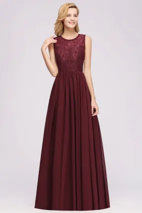 A-line Chiffon Lace Jewel Sleeveless Ruffles Long Bridesmaid Dresses with Appliques