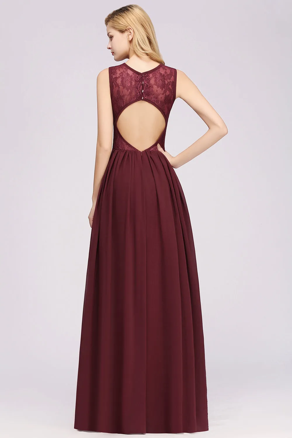 A-line Chiffon Lace Jewel Sleeveless Ruffles Long Bridesmaid Dresses with Appliques