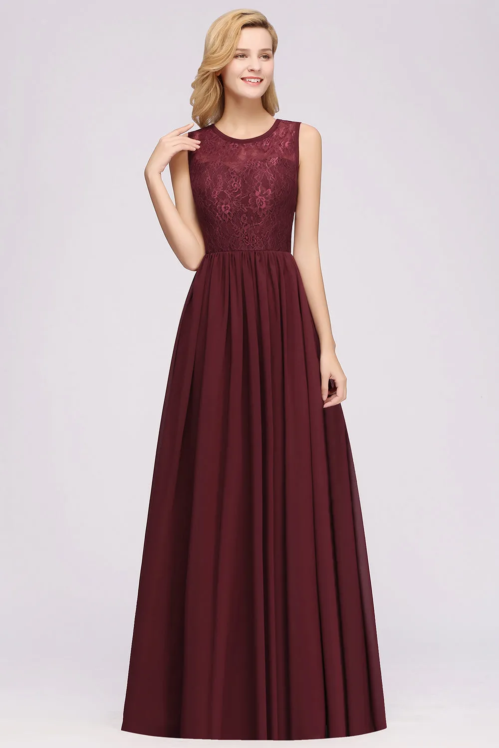 A-line Chiffon Lace Jewel Sleeveless Ruffles Long Bridesmaid Dresses with Appliques