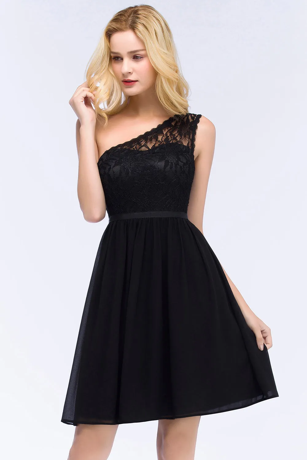 A-Line Chiffon Lace One shoulder Short Bridesmaid Dresses with Sash