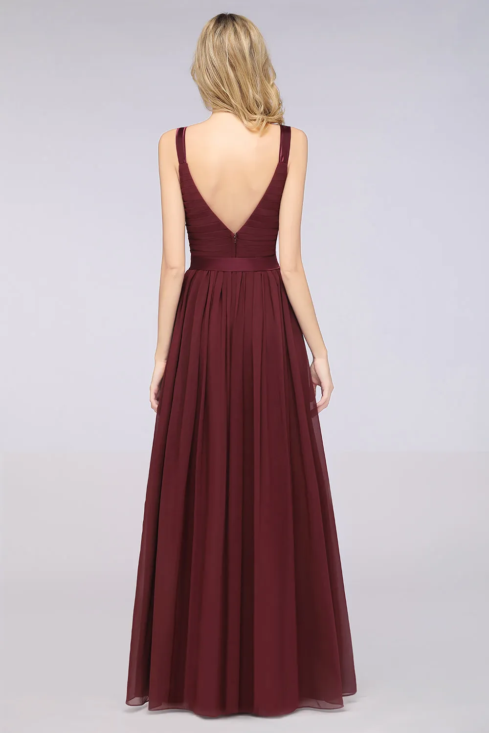 A-Line Chiffon Straps V-Neck Backless Long Bridesmaid Dress with Ruffles