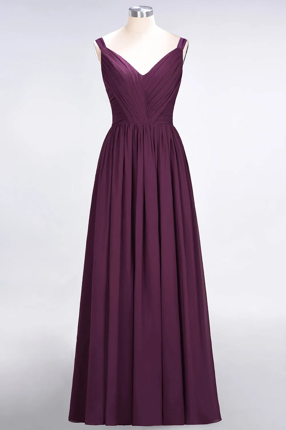 A-Line Chiffon Straps V-Neck Backless Long Bridesmaid Dress with Ruffles