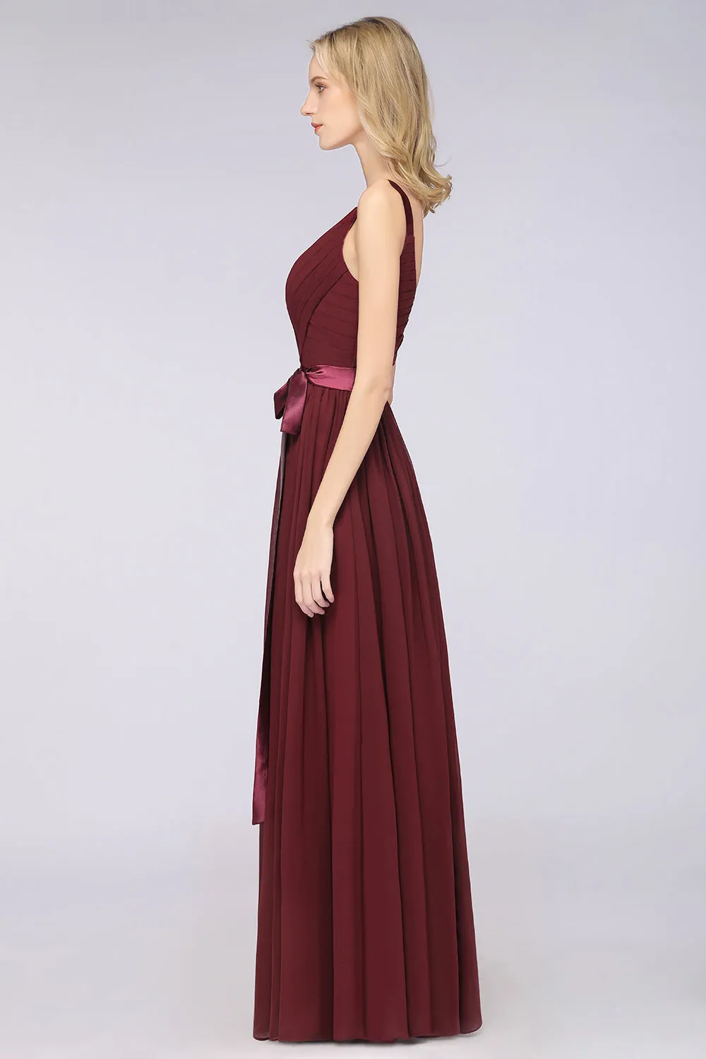 A-Line Chiffon Straps V-Neck Backless Long Bridesmaid Dress with Ruffles