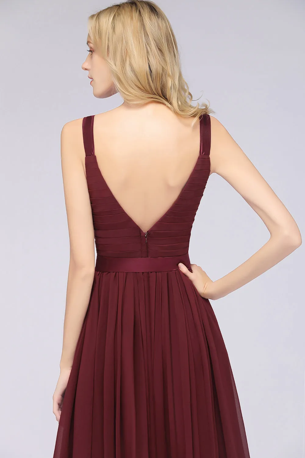 A-Line Chiffon Straps V-Neck Backless Long Bridesmaid Dress with Ruffles