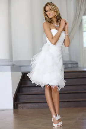 A-Line Knee-Length Ruffled Strapless Tulle Wedding Dress With Flower And Draping-MK_702725