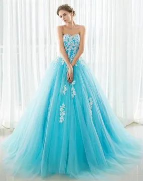 A-line strapless tulle lace appliques long prom dresses, PD5871