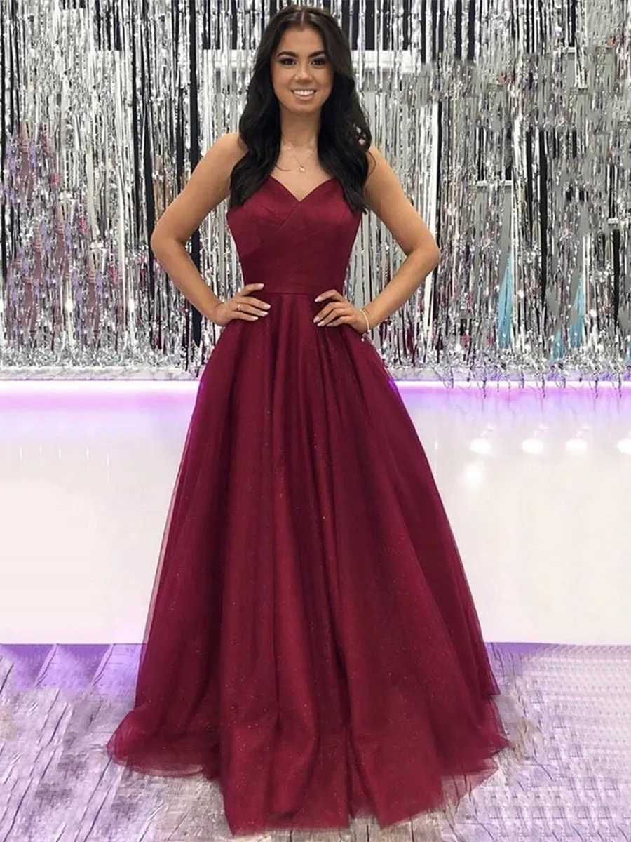 A-line V Neck Burgundy Tulle Long Prom Dresses Burgundy Formal Evening Gowns