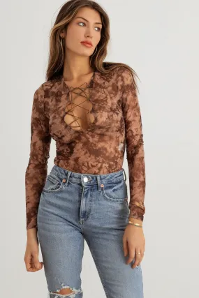 Abstract Mesh Lace-Up Long Sleeve Bodysuit - Trendy Women's Fashion Staple for a Chic Look!