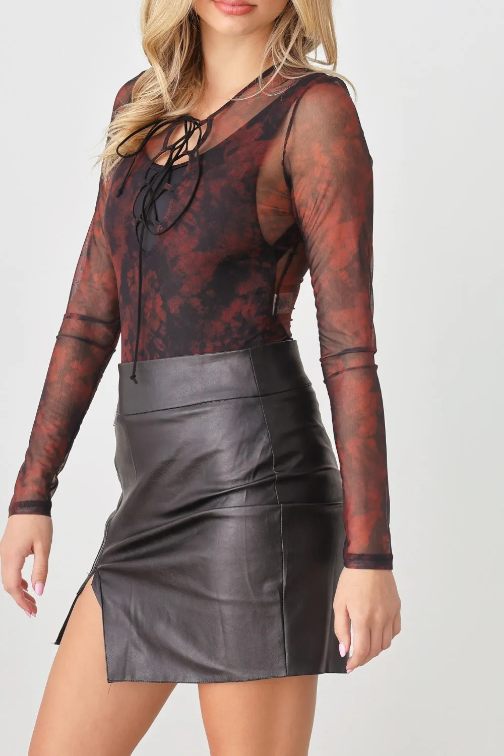 Abstract Mesh Lace-Up Long Sleeve Bodysuit - Trendy Women's Fashion Staple for a Chic Look!