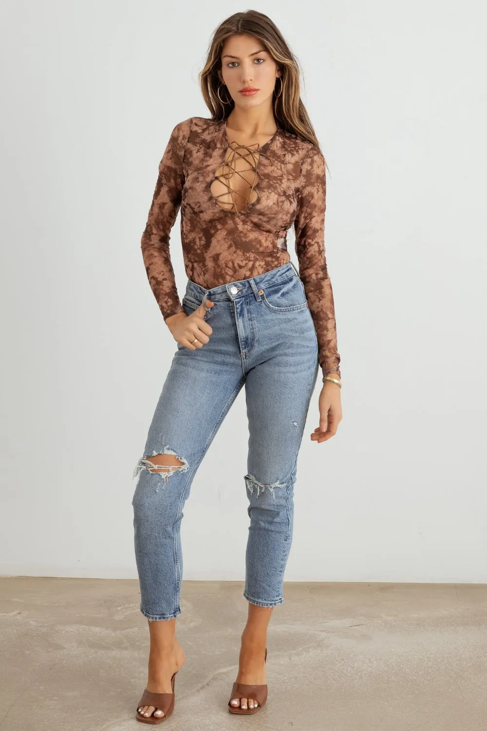 Abstract Mesh Lace-Up Long Sleeve Bodysuit - Trendy Women's Fashion Staple for a Chic Look!