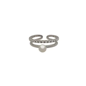 Adjustable Rhodium Plated Silver ring with Freshwater Pearls and White Zirconias