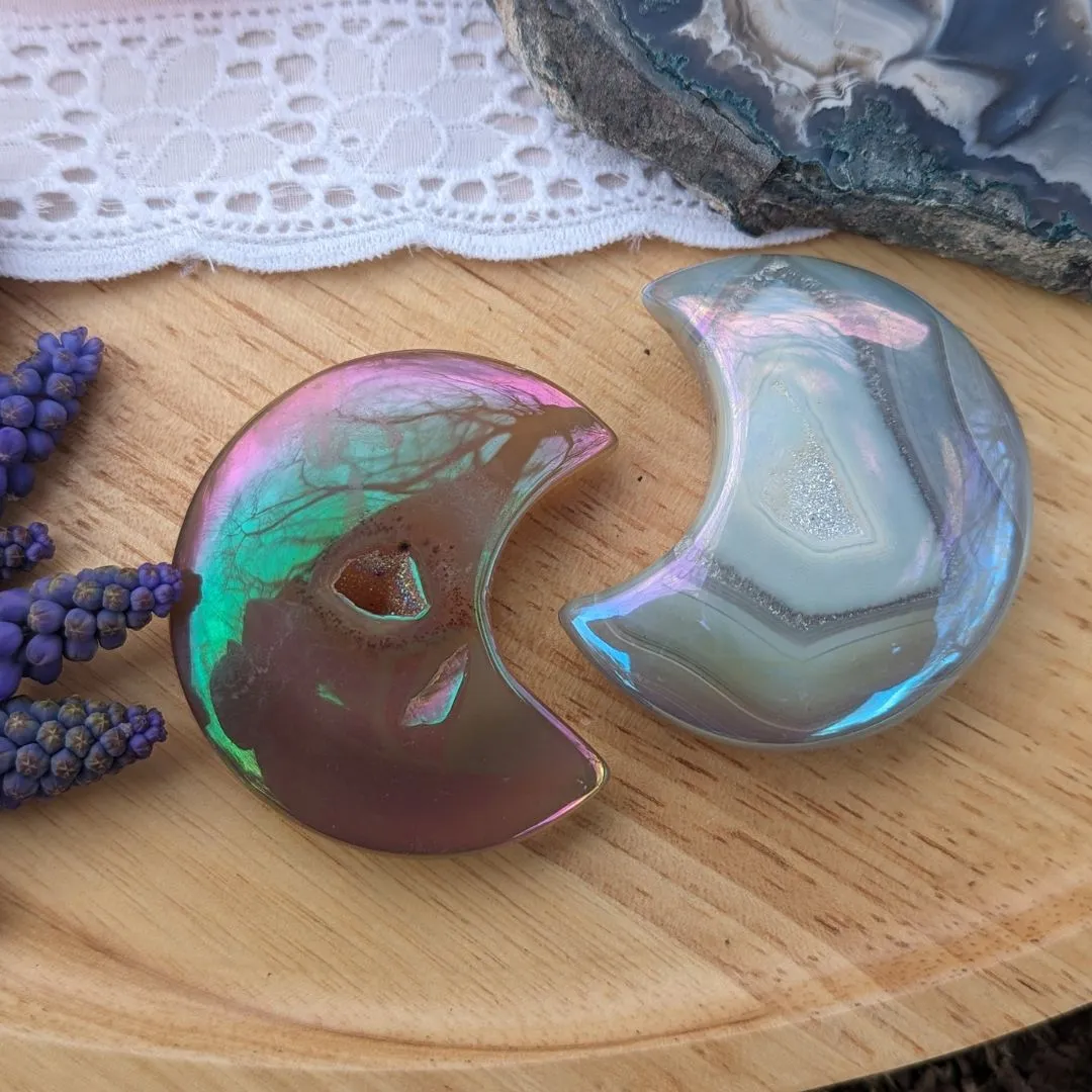 Angel Aura Druzy Agate Crescent Moon Carvings~ Adorable, Uplifting Palm Size Crystal Carvings