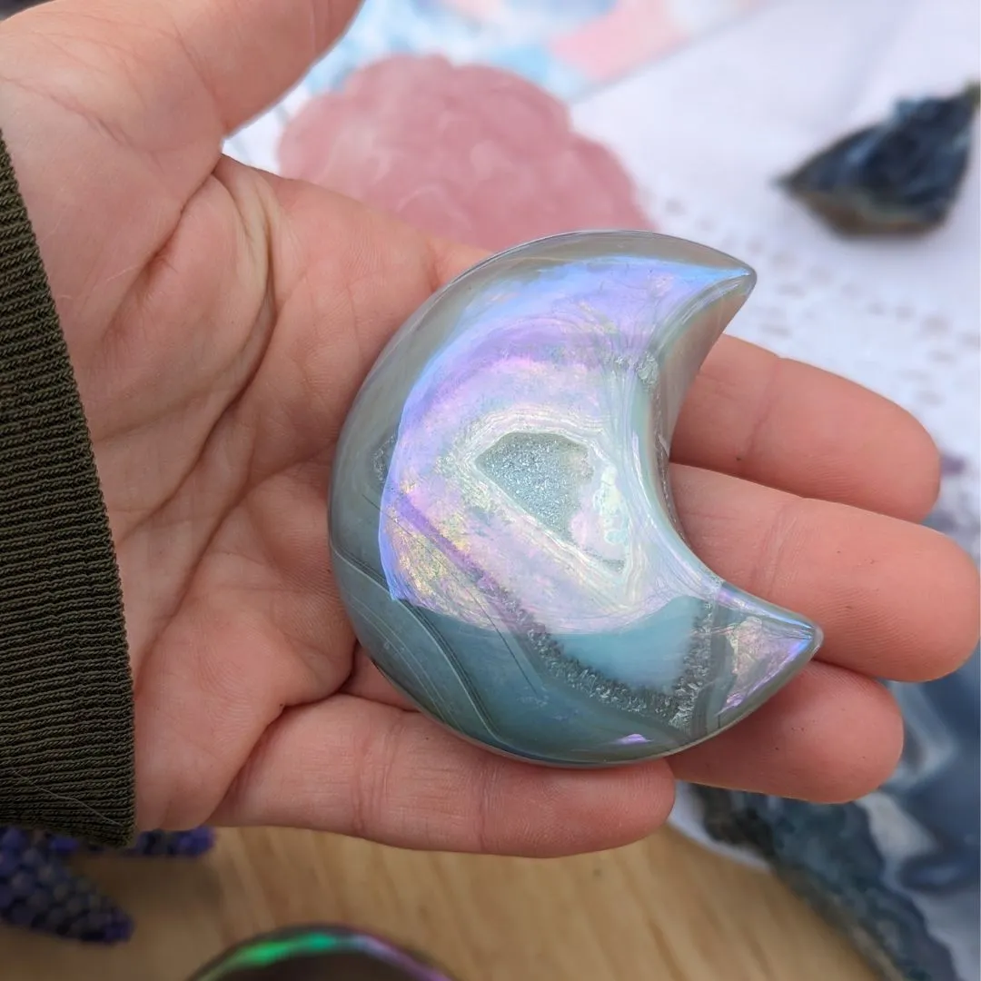 Angel Aura Druzy Agate Crescent Moon Carvings~ Adorable, Uplifting Palm Size Crystal Carvings