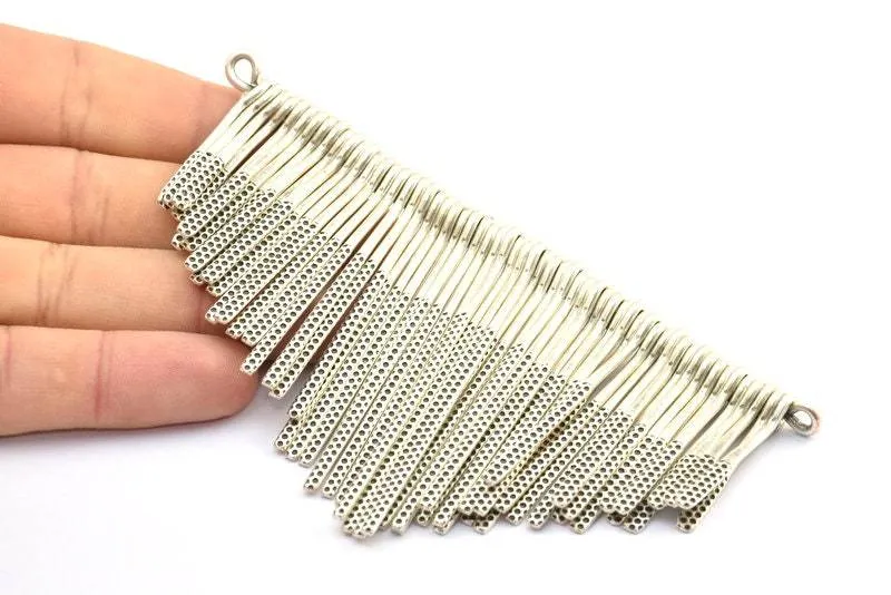 Antique Silver Fringed Pendant, 1 Antique Silver Plated Brass Textured Fringed Trim Pendant With 2 Loops (126x70x7mm) V083 H090