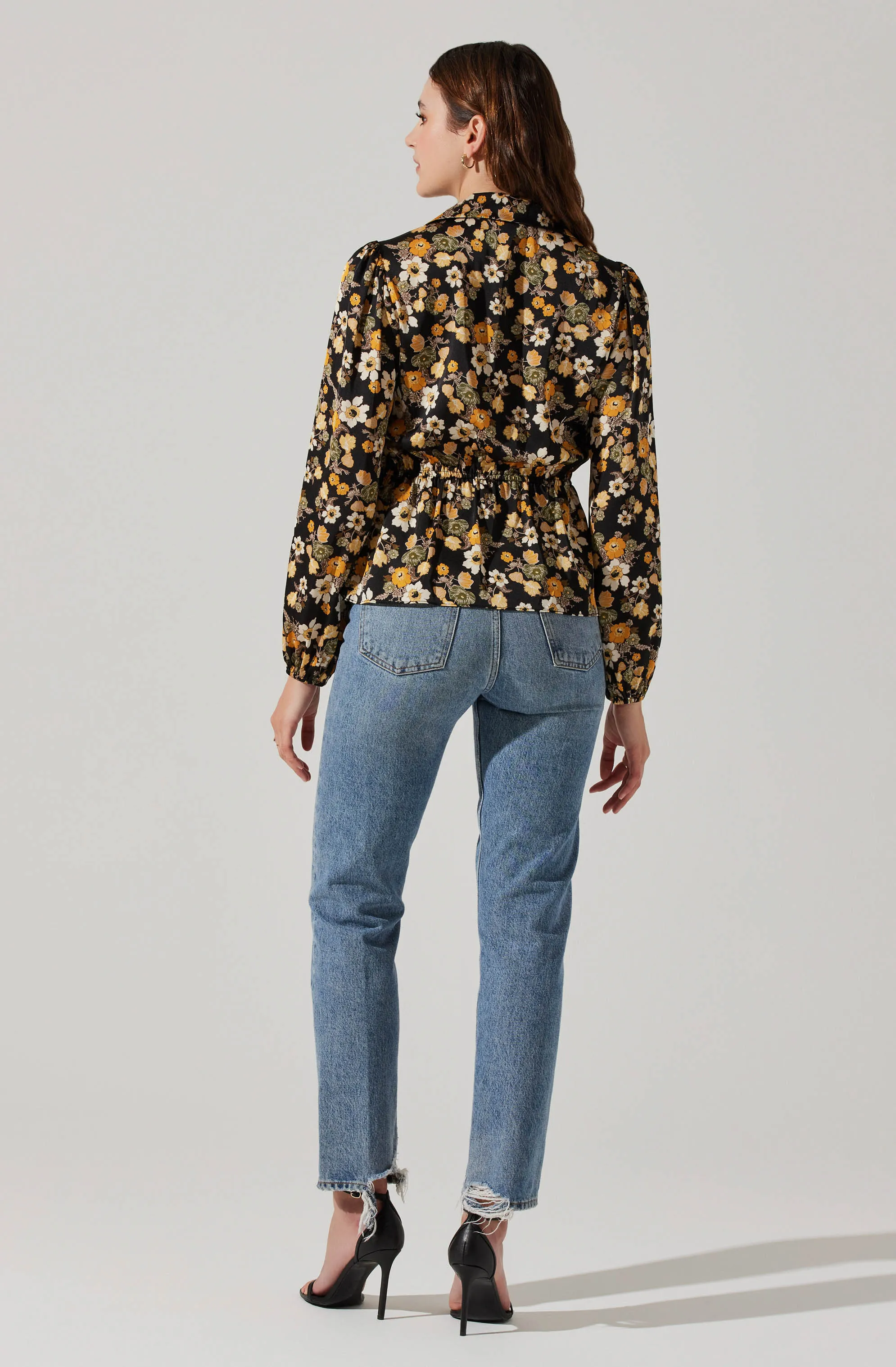 Asymmetrical Collared Floral Wrap Top