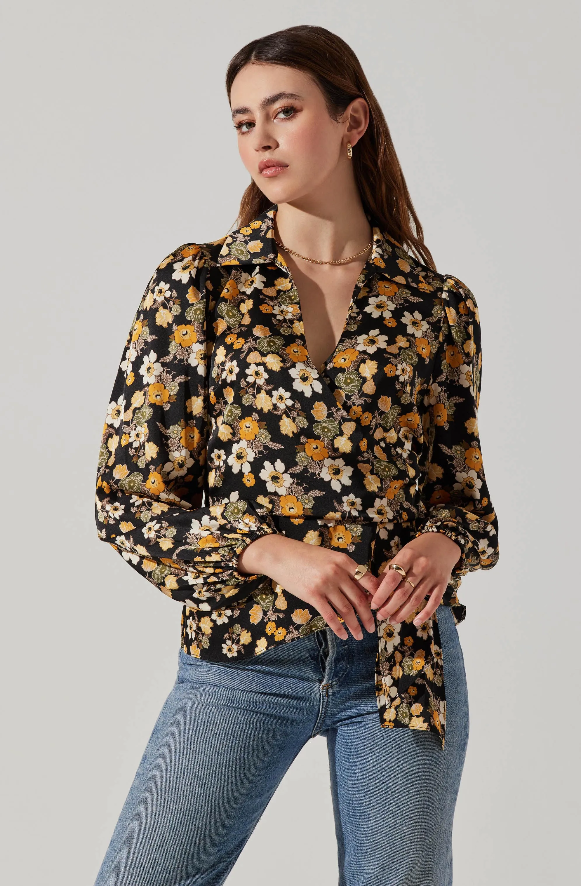 Asymmetrical Collared Floral Wrap Top