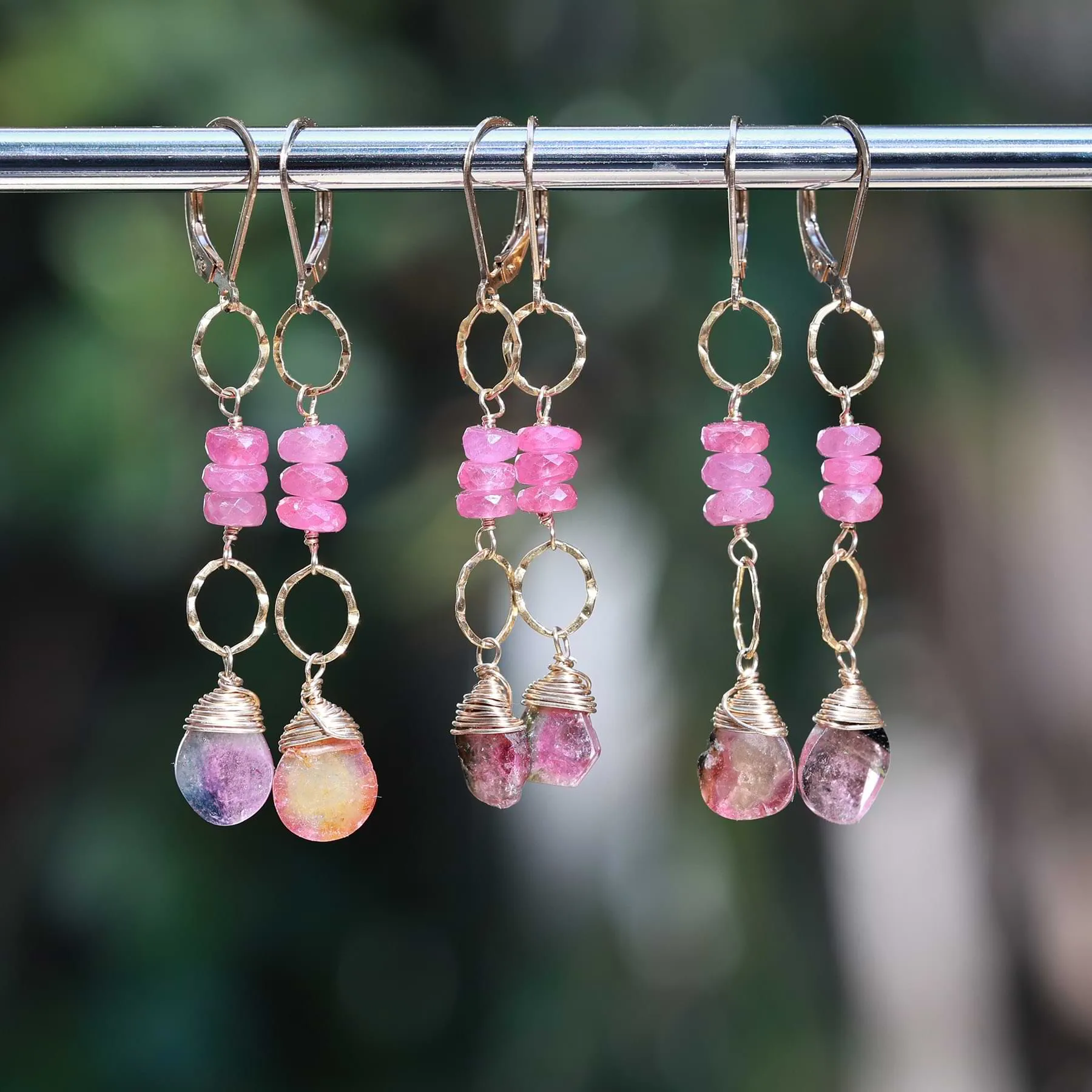 Autumn in Abundance -Tourmaline and Pink Sapphire Gold Earrings