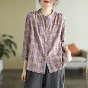 Autumn Long Sleeve Cotton Causal Loose Plaid Blouse