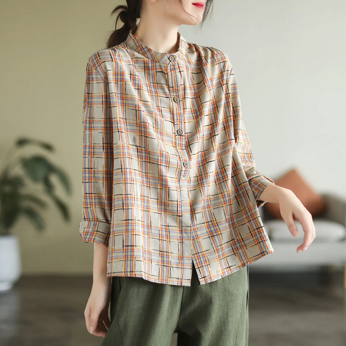 Autumn Long Sleeve Cotton Causal Loose Plaid Blouse