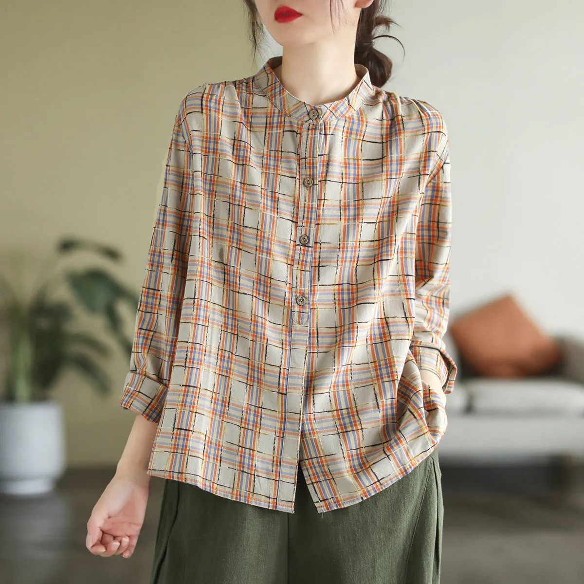 Autumn Long Sleeve Cotton Causal Loose Plaid Blouse