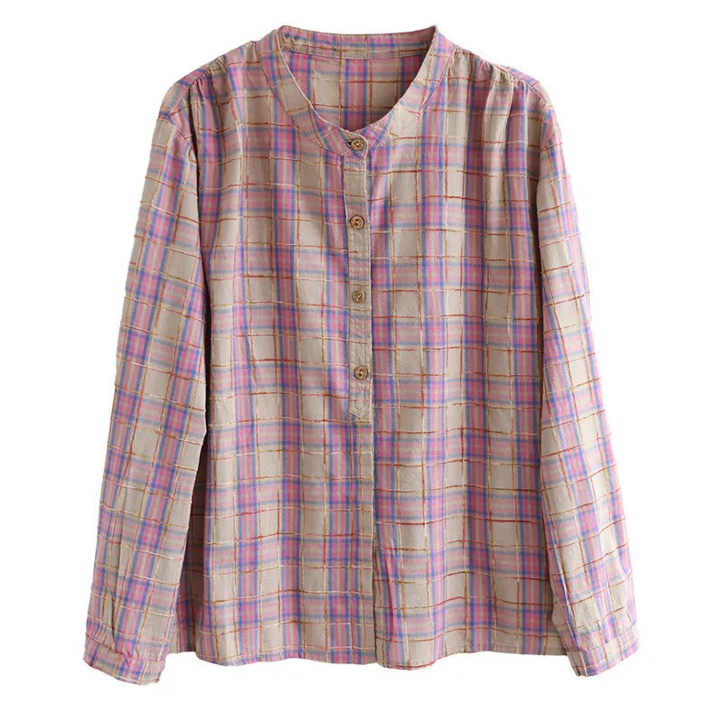 Autumn Long Sleeve Cotton Causal Loose Plaid Blouse